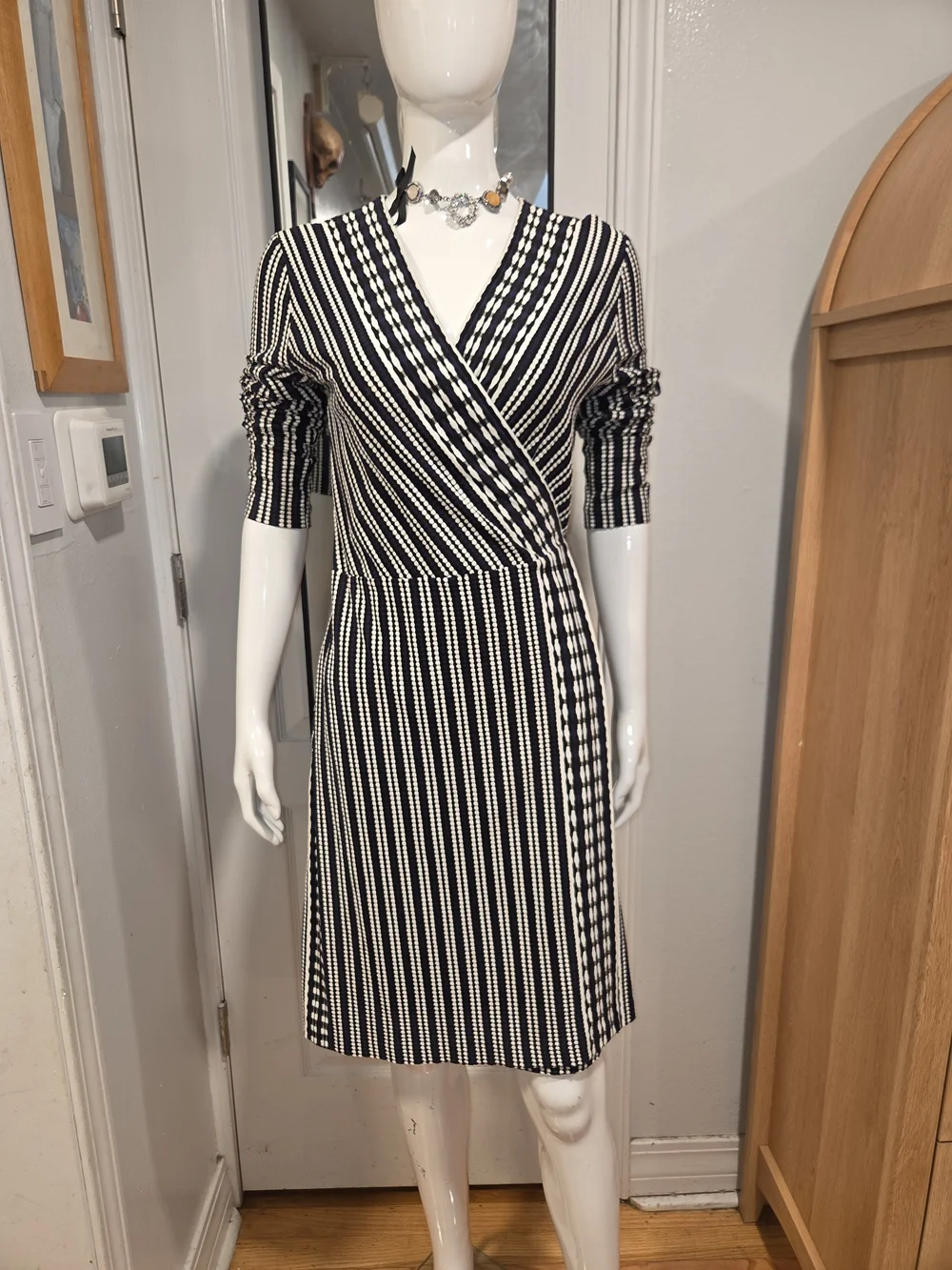 Tory Burch Elegant Black and White Striped Faux-Wrap Long Sleeve Dress Sz M